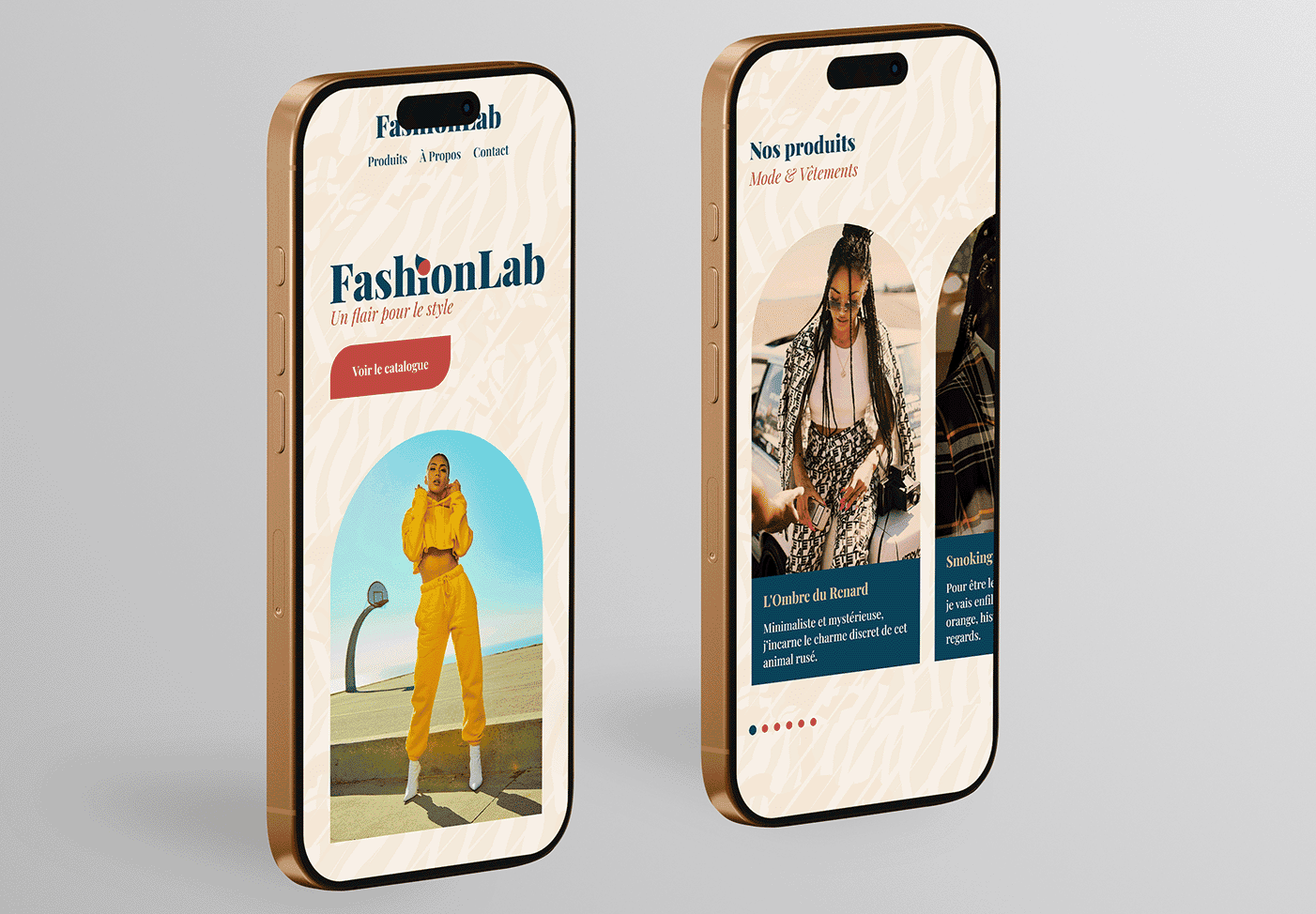 Présentation du site sur 2 Iphone sur fond gris.